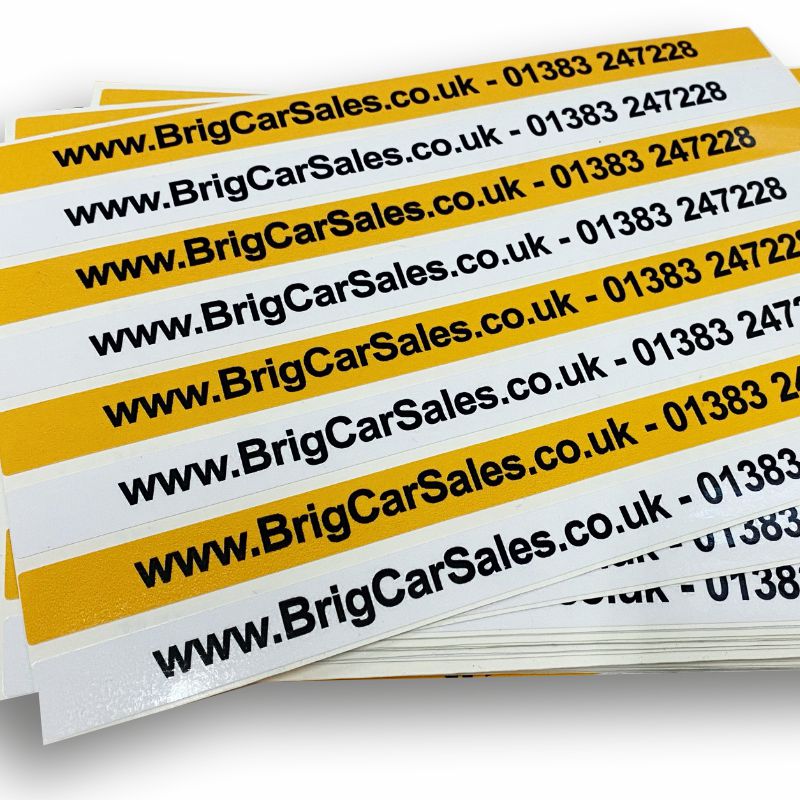 Custom number plate sticker for car dealers with business branding