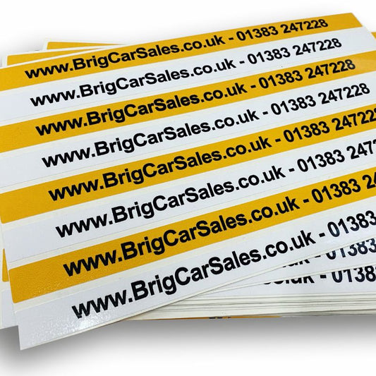 Custom number plate sticker for car dealers with business branding